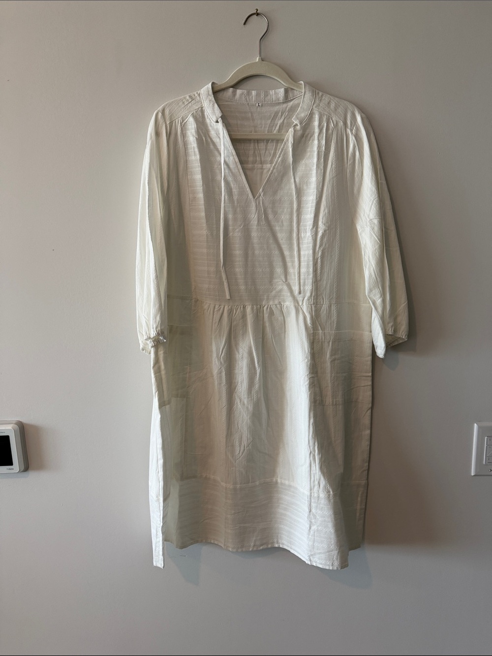 White V-Neck Peasant Tunic Dress with Tie